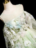 A-Line Off Shoulder Tulle Lace Green Long prom Dress, Green Long Evening Dress