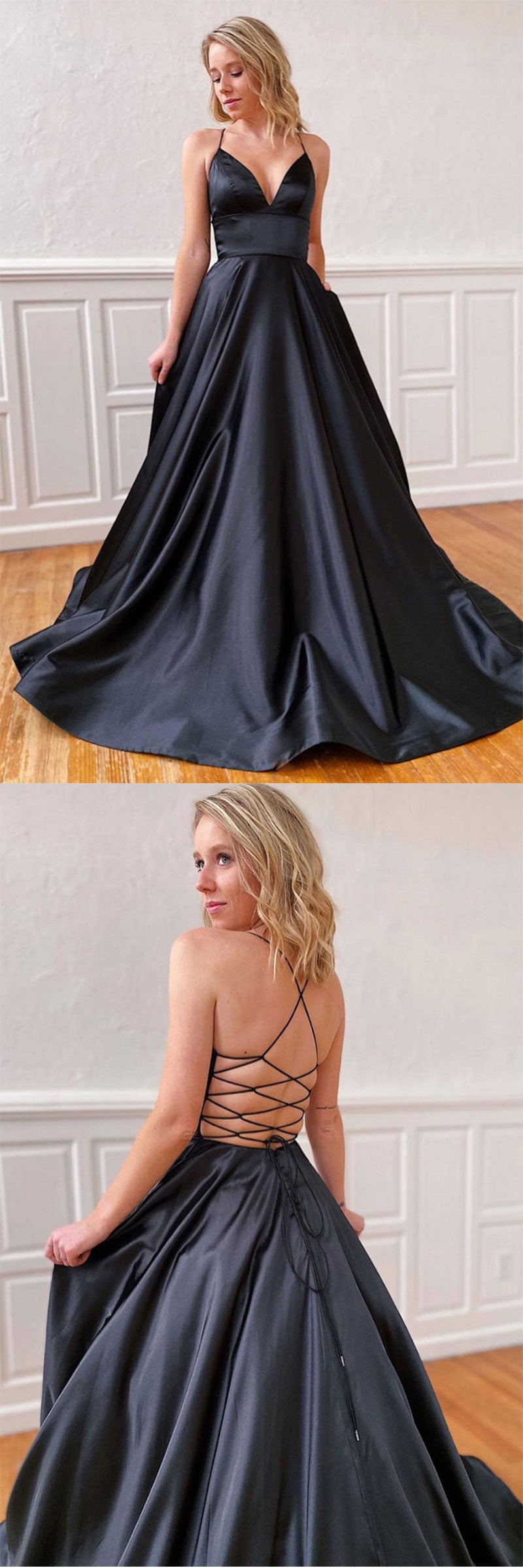Simple black v neck satin long prom dress black evening dress