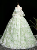 A-Line Off Shoulder Tulle Lace Green Long prom Dress, Green Long Evening Dress
