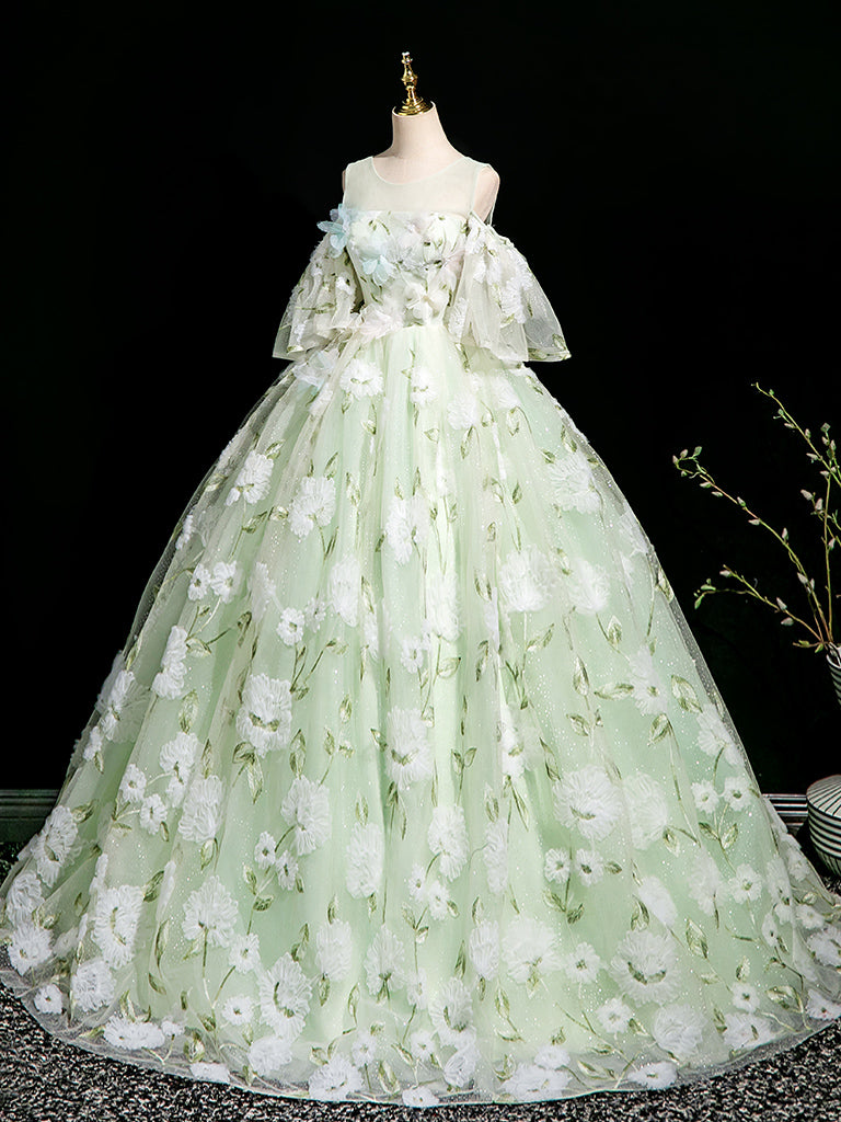A-Line Off Shoulder Tulle Lace Green Long prom Dress, Green Long Evening Dress