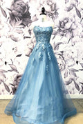 Blue sweetheart neck tulle applique long prom dress, blue evening dress