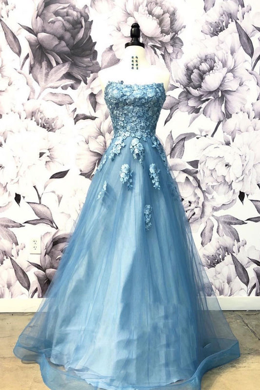 Blue sweetheart neck tulle applique long prom dress, blue evening dress