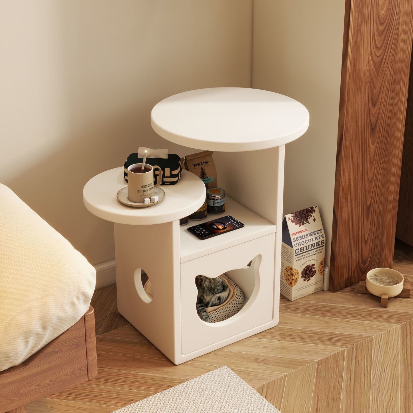 Multi-Level Wooden Side Table with Built-In Cat House – Stylish and Functional Pet-Friendly Furniture