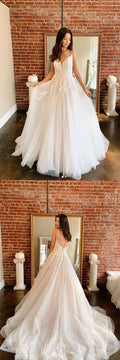 Light champagne A-line tulle lace long prom dress tulle lace formal dress