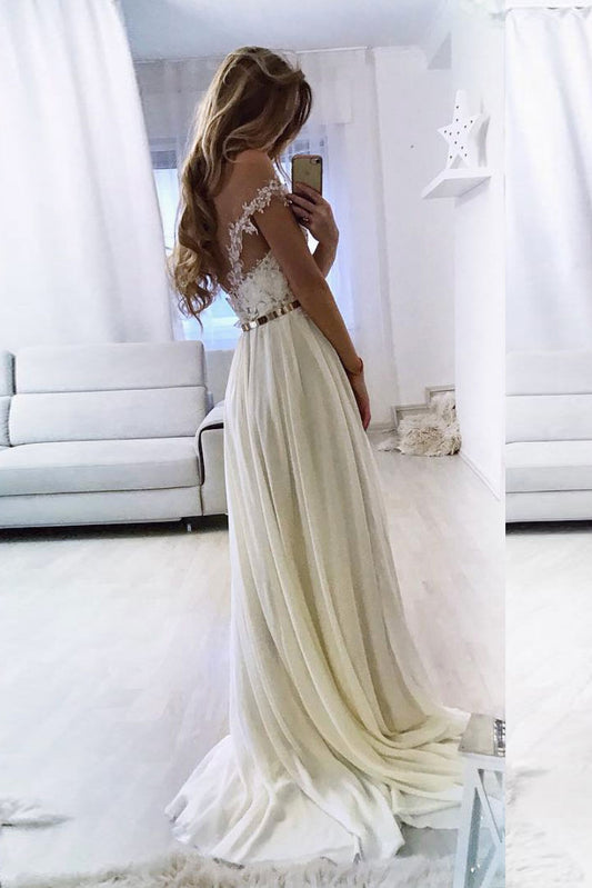 White sweetheart off shoulder lace chiffon long prom dress evening dress