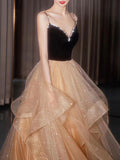 Champagne v neck tulle long prom dress, champagne formal graduation dress