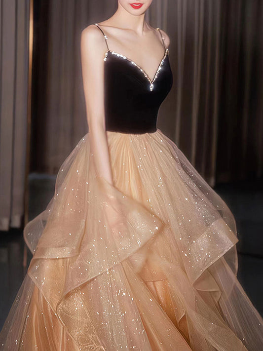 Champagne v neck tulle long prom dress, champagne formal graduation dress