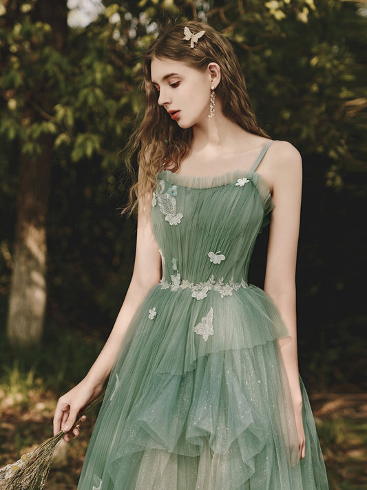 Green tulle lace long prom dress, green tulle formal dress