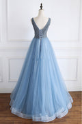 Blue v neck beads sequin tulle long prom dress, blue evening dress