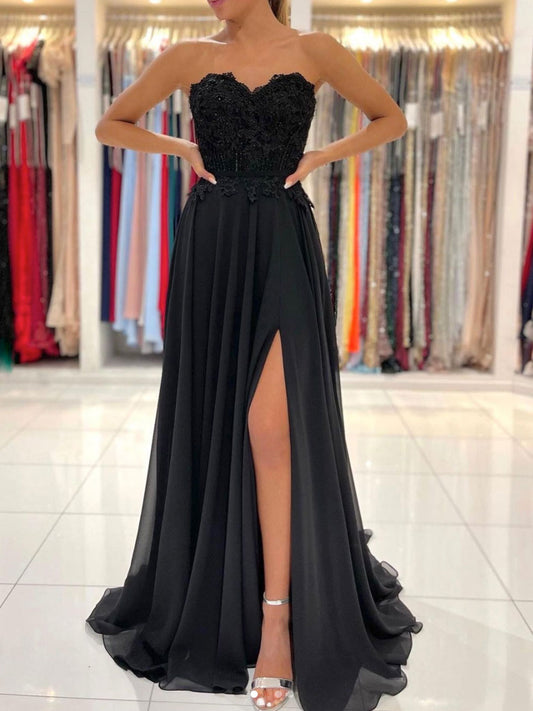 Black sweetheart A line chiffon lace long prom dress, black evening dress