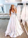 Silver v neck satin long prom dress, silver long evening dress