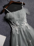 Simple gray tulle lace long prom dress, gray tulle formal dress
