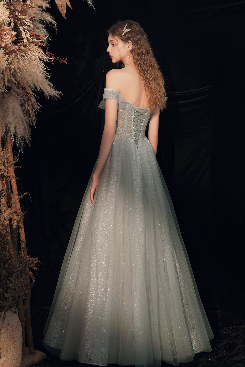 Gray Green off shoulder tulle long prom dress gray tulle formal dress