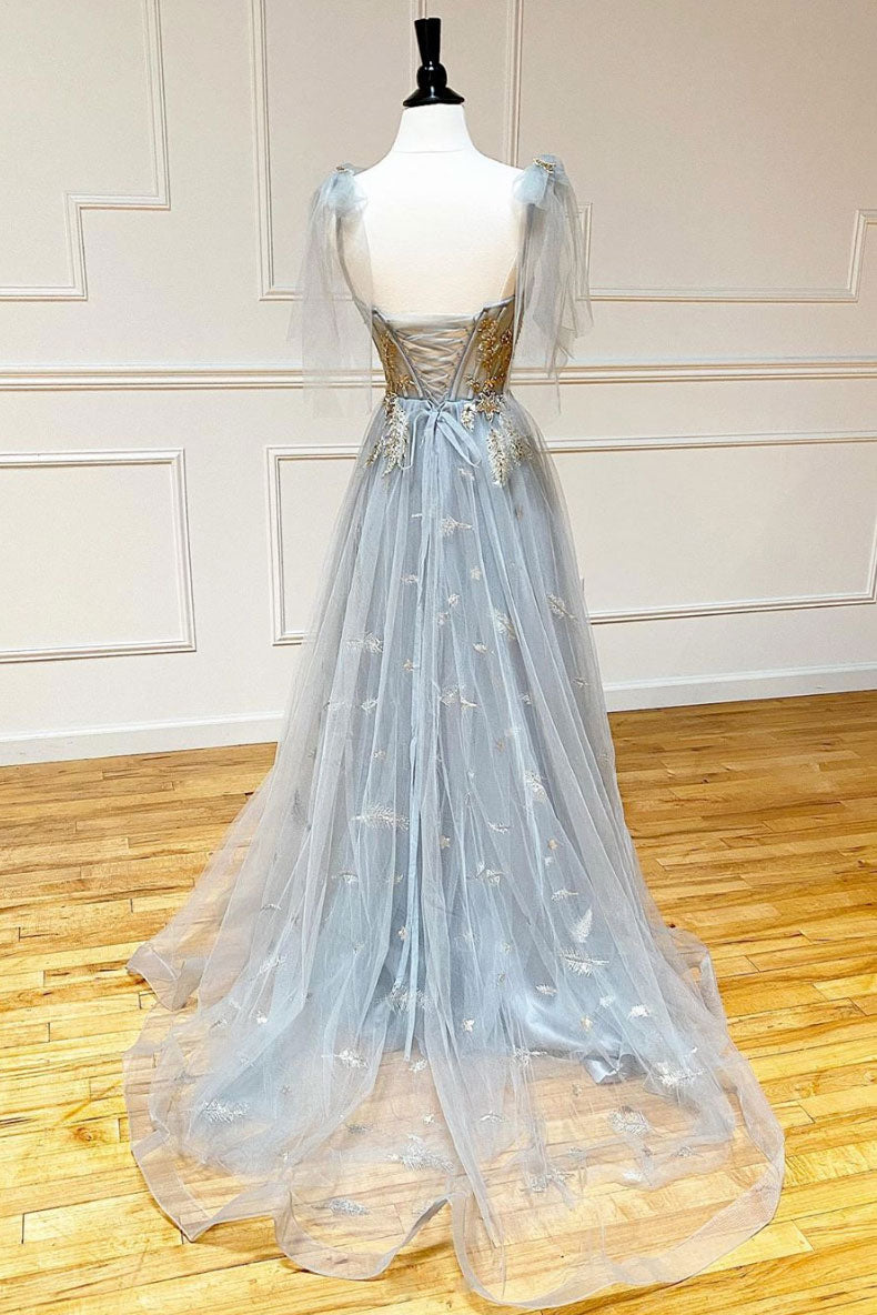 Gray v neck tulle sequin long prom dress gray tulle formal dress