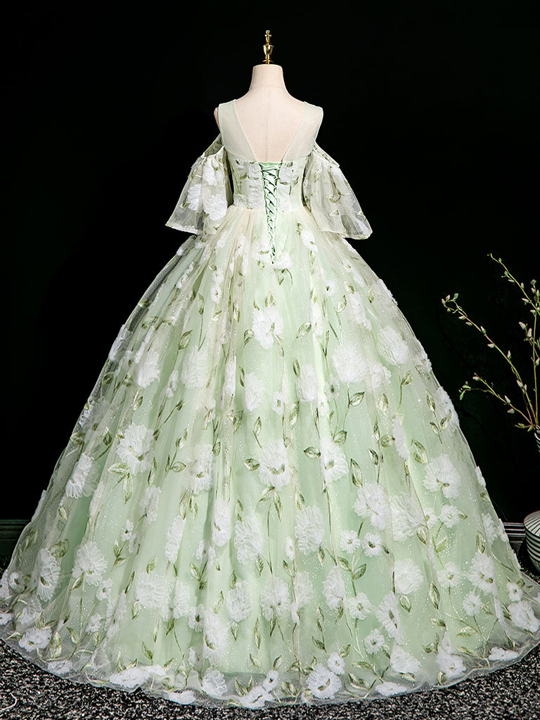 A-Line Off Shoulder Tulle Lace Green Long prom Dress, Green Long Evening Dress