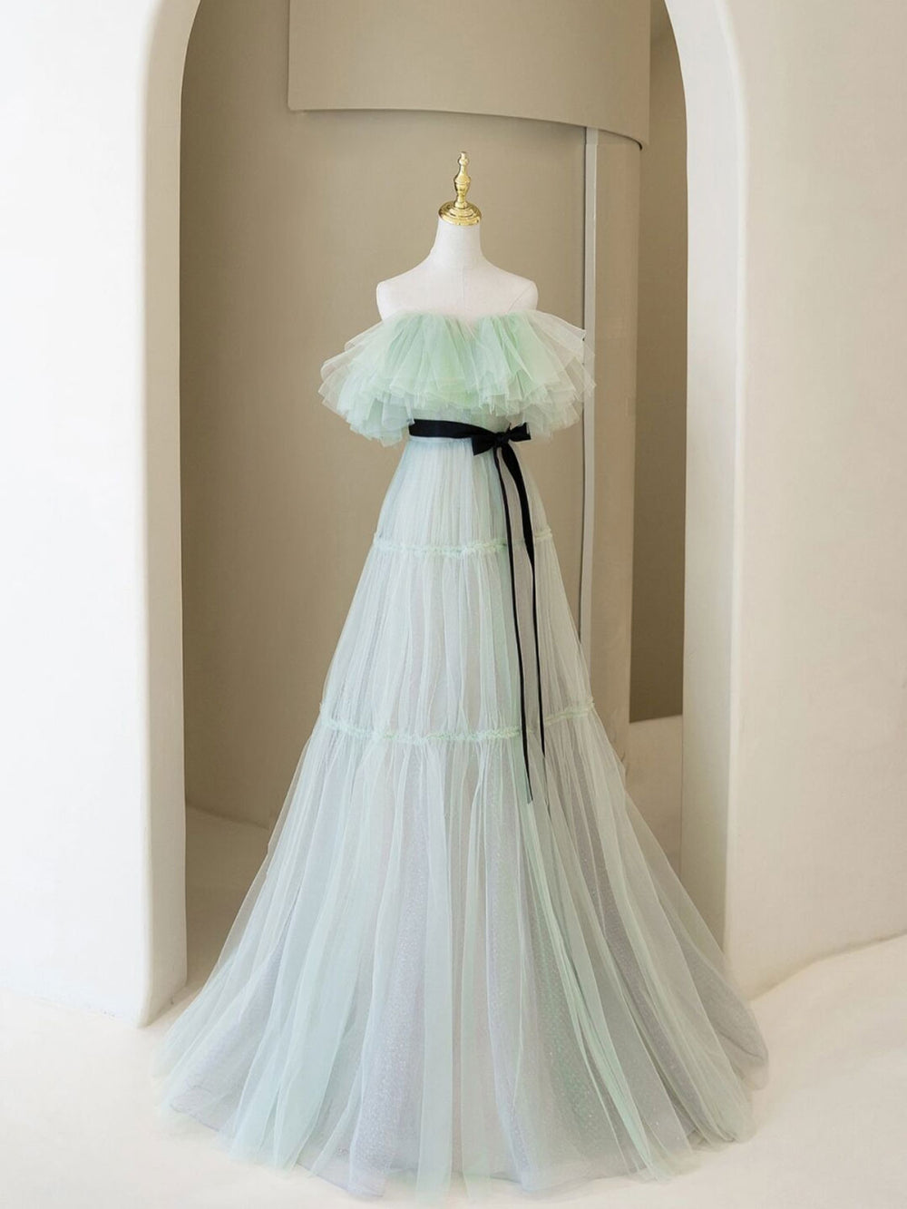 Green A line tulle long prom dress green formal dress