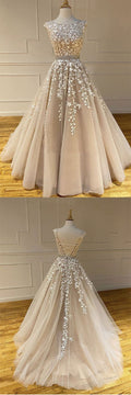 Champagne round neck tulle lace long prom dress lace formal dress