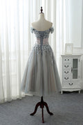Gray lace tulle prom dress, gray lace evening dress