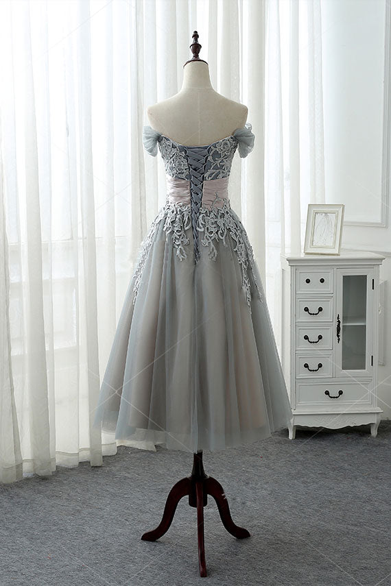 Gray lace tulle prom dress, gray lace evening dress