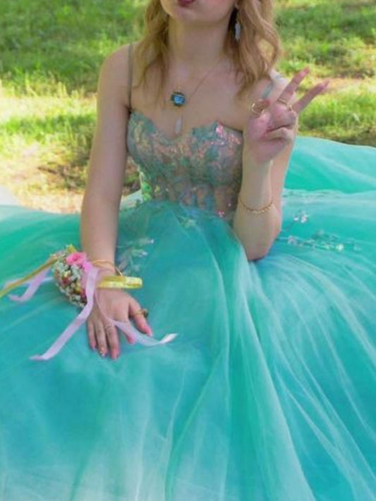 Green sweetheart neck tulle lace long prom dress, green formal dress