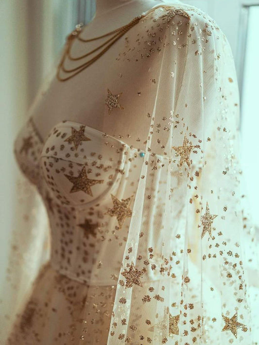 Champagne A line tulle long prom dress tulle Star long formal evening dress