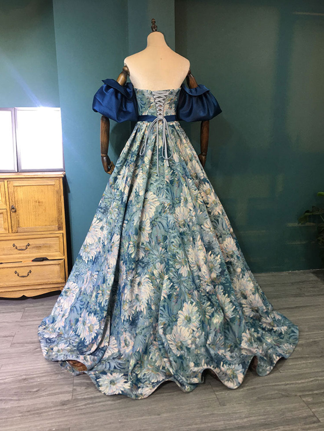 Unique A line satin long prom dress, blue evening dress