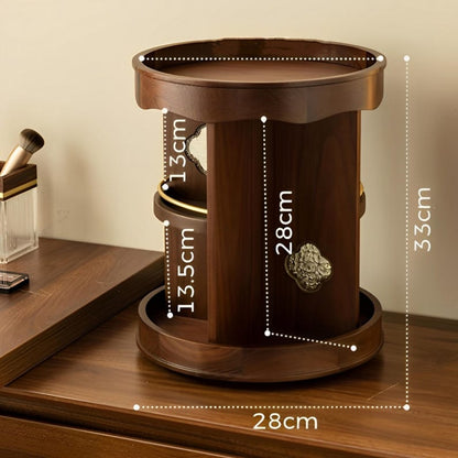 Vintage 360° Rotating Wooden Makeup Organizer – Elegant Vanity Storage with Carved Accents