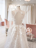 Ivory v neck tulle lace long wedding dress, lace beach wedding dress
