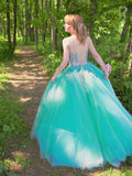 Green sweetheart neck tulle lace long prom dress, green formal dress