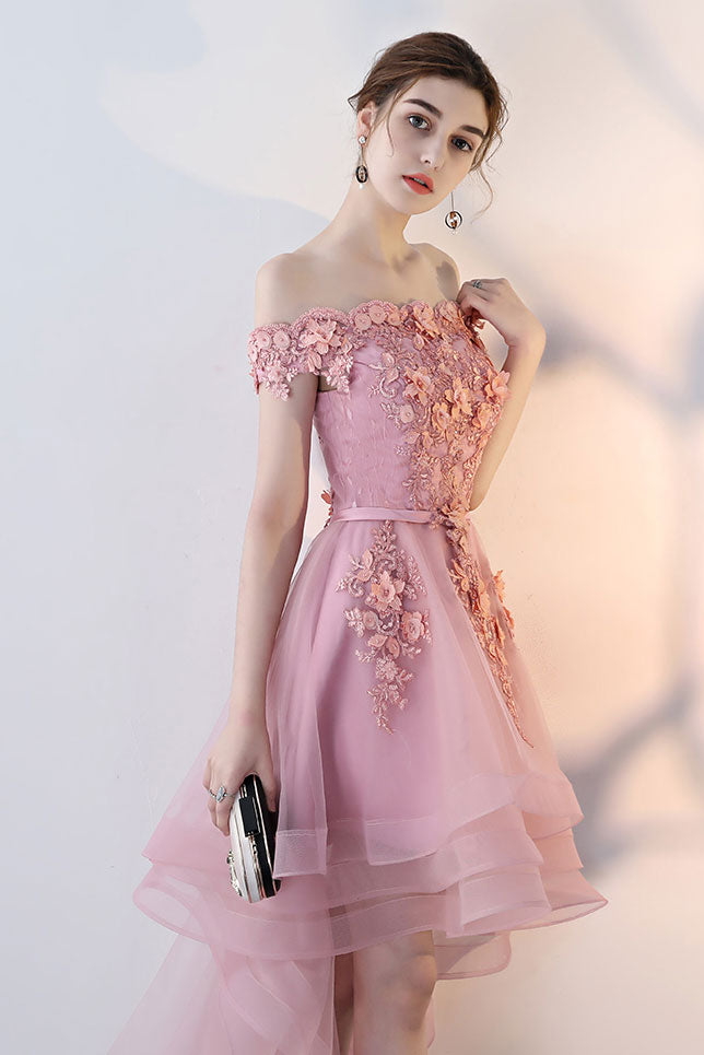 Pink tulle lace off shoulder short prom dress pink homecoming dress