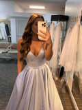 Silver v neck satin long prom dress, silver long evening dress