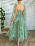 Green tulle lace tea length prom dress, green evening dress