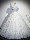 A-Line Off Shoulder Tulle Lace Blue Long Prom Dress, Blue Long Evening Dress