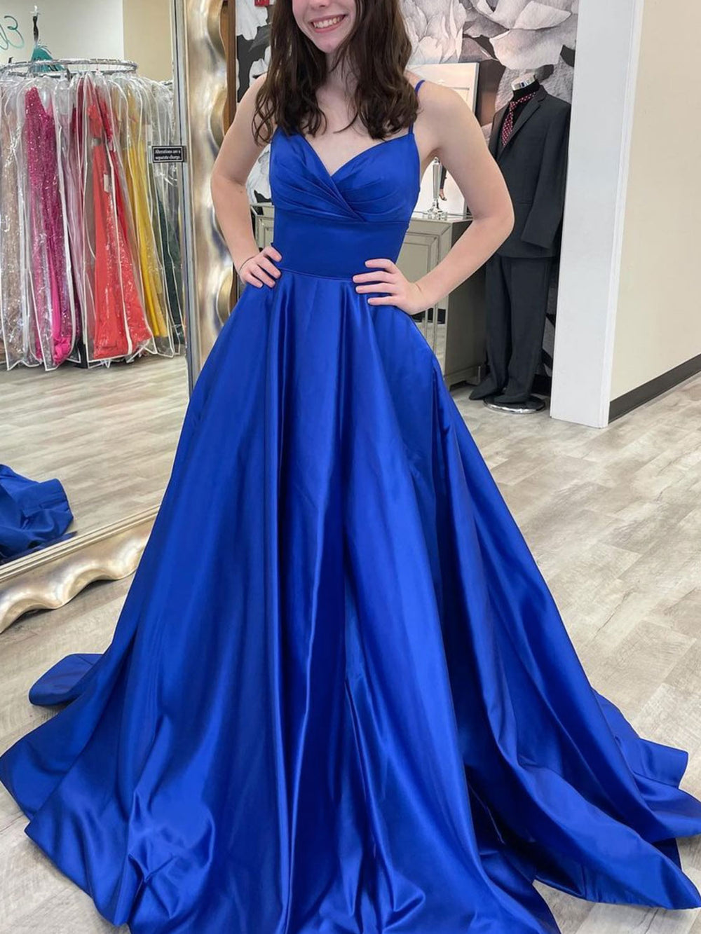 Simple blue v neck satin long prom dress, blue formal dress