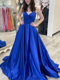 Simple blue v neck satin long prom dress, blue formal dress