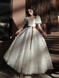 White A-line lace long prom dress white lace formal dress