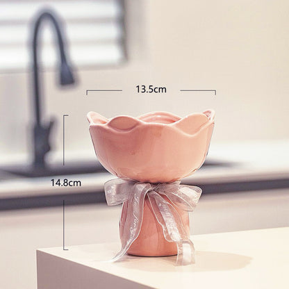 Blush Bouquet Ceramic Vase – Handcrafted Ruffled Decorative Flower Pot with Silver Ribbon