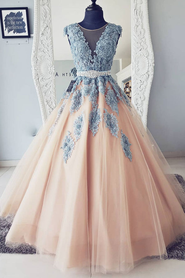 Champagne round neck tulle lace long prom dress, tulle evening dress