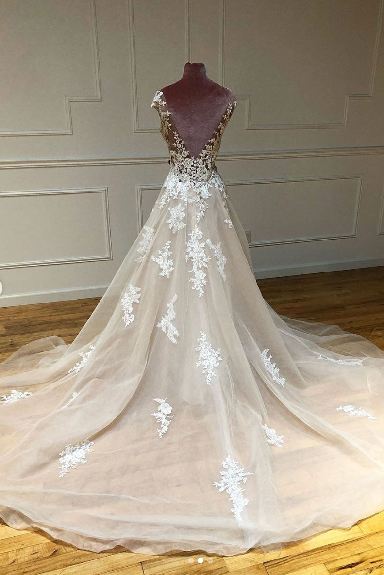 Champagne tulle lace long prom dress tulle lace evening dress