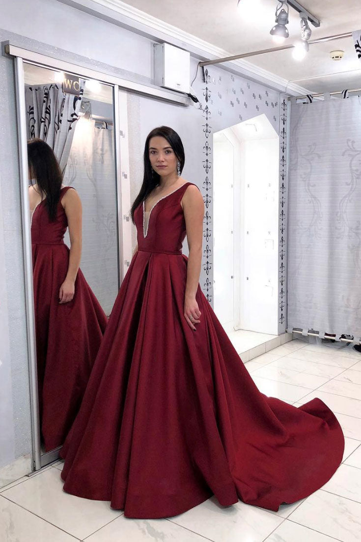 Burgundy v neck satin long prom dress, burgundy satin evening dress