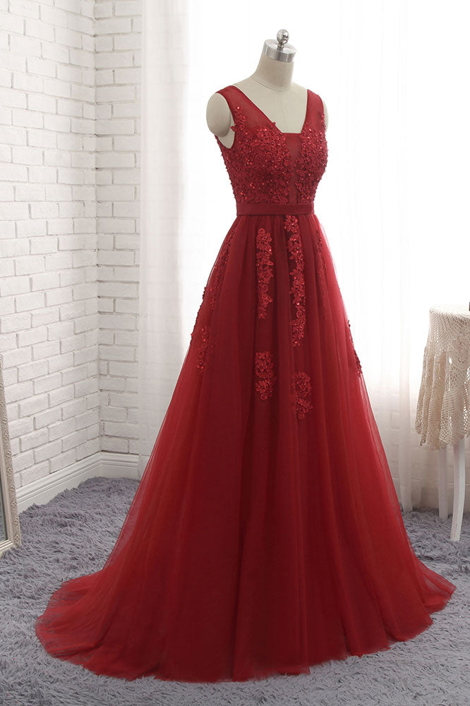 Burgundy v neck tulle lace long prom dress, burgundy evening dress