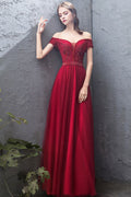 Burgundy tulle off shoulder long prom dress, burgundy evening dress