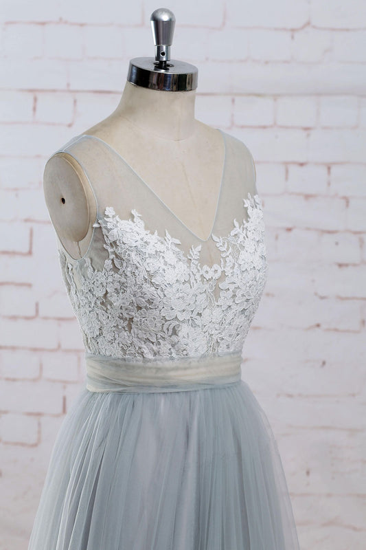 Gray A-line lace tulle long prom dress, gray tulle bridesmaid dress