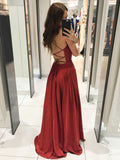 Simple v neck A line long prom dress, burgundy evening dress