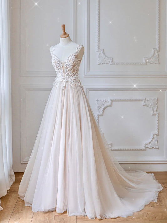 Champagne v neck tulle lace long prom dress, champagne evening dress