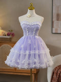 Sweetheart Neck Tulle Lace Purple Short Prom Dress, Purple Homecoming Dress