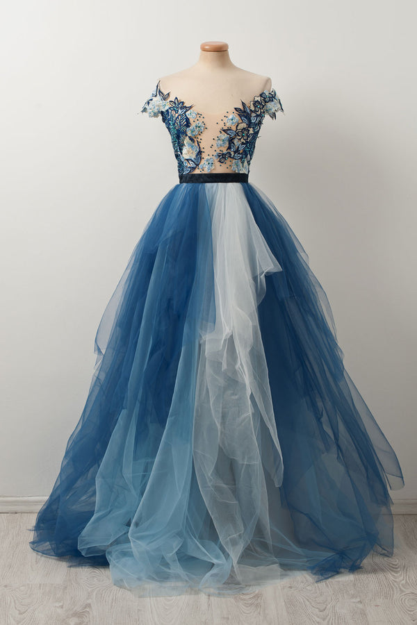 Blue v neck tulle lace long prom dress, blue evening dress