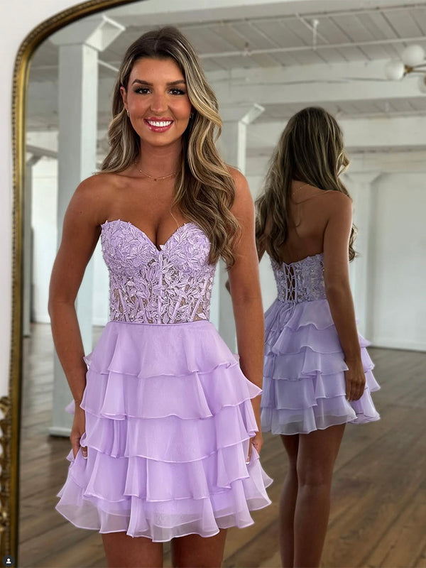 A-line Sweetheart Neck Chiffon Lace Purple Short Prom Dress, Cute Homecoming Dress