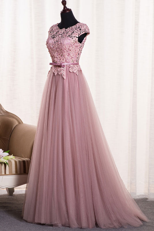 Pink round neck tulle lace applique long prom dress, tulle evening dress