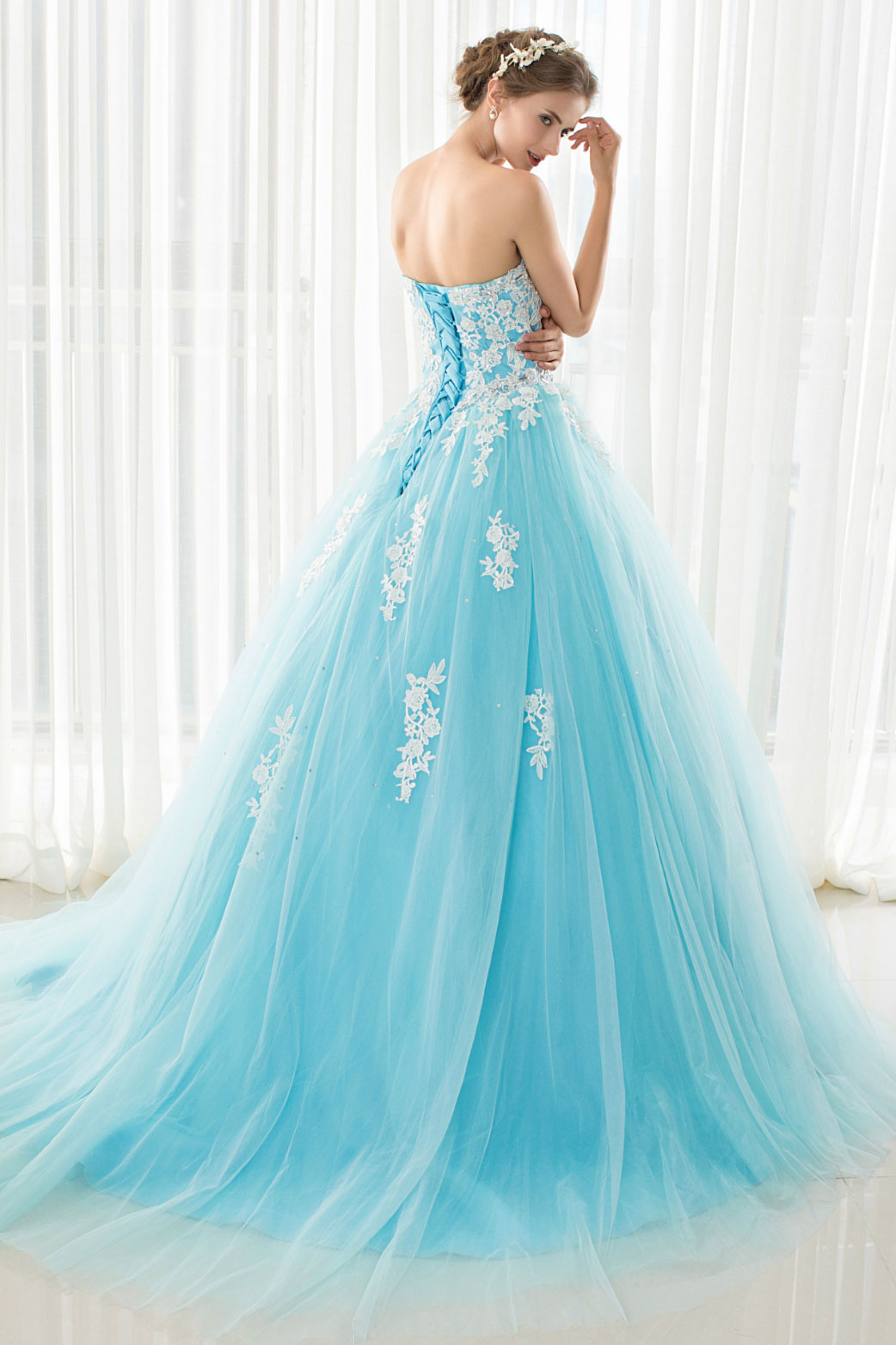 Blue tulle lace applique long prom dress, blue evening dress